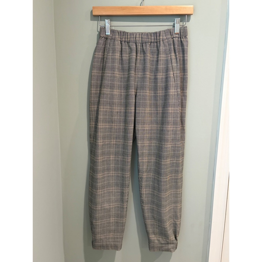 Babaton Dexter Plaid Jogger Pants Grey Tan Glen Check Elastic Waist XS